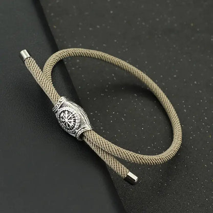 Khaki double-strand rope bracelet with an alloy Vegvisir rune bead