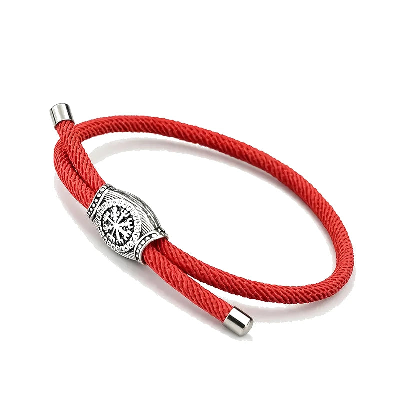 Vegvisir Rune Rope Bracelet, red rope with silver rune charm, white background