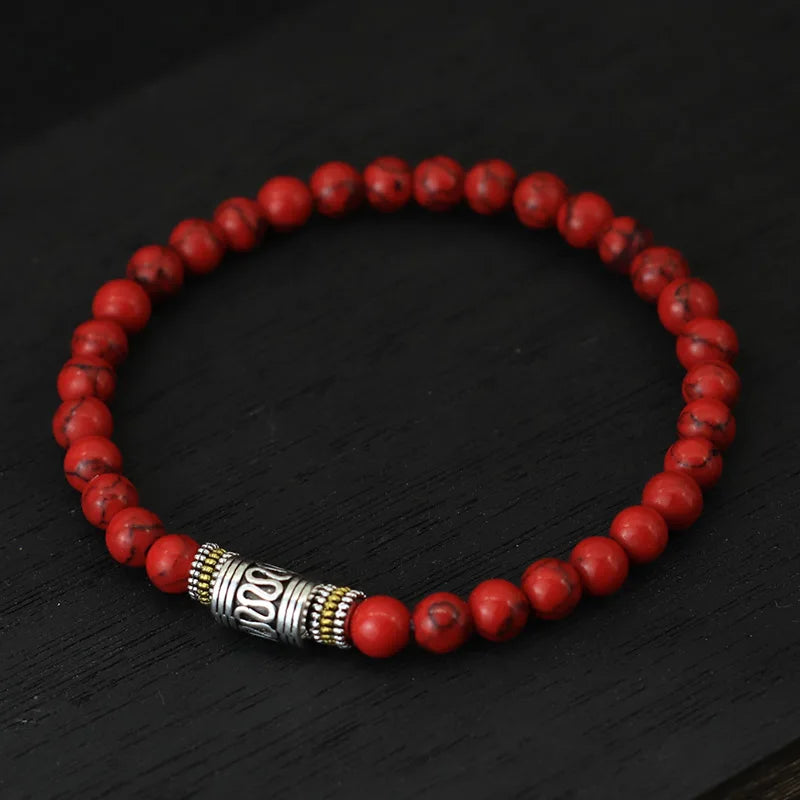 Mens Bracelet Beads – Ananda Tibetan Bead Bracelet in red turquoise with silver and gold accent bead