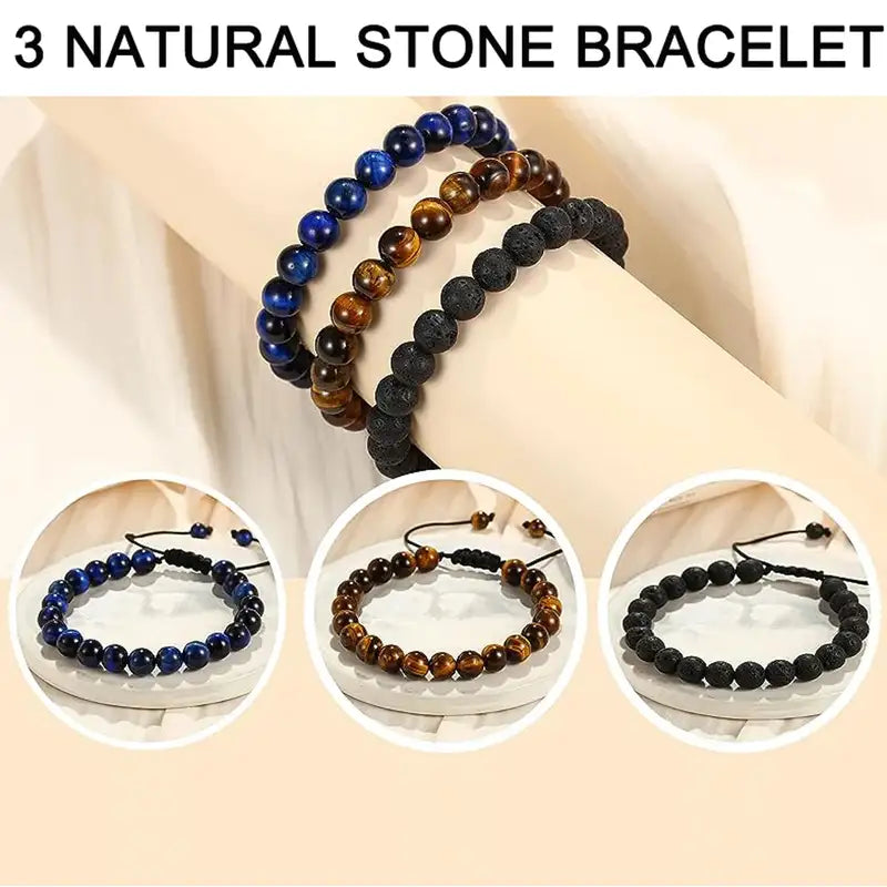 Compass Adjustable Tiger Eye Bracelet, all three natural stone finishes shown together