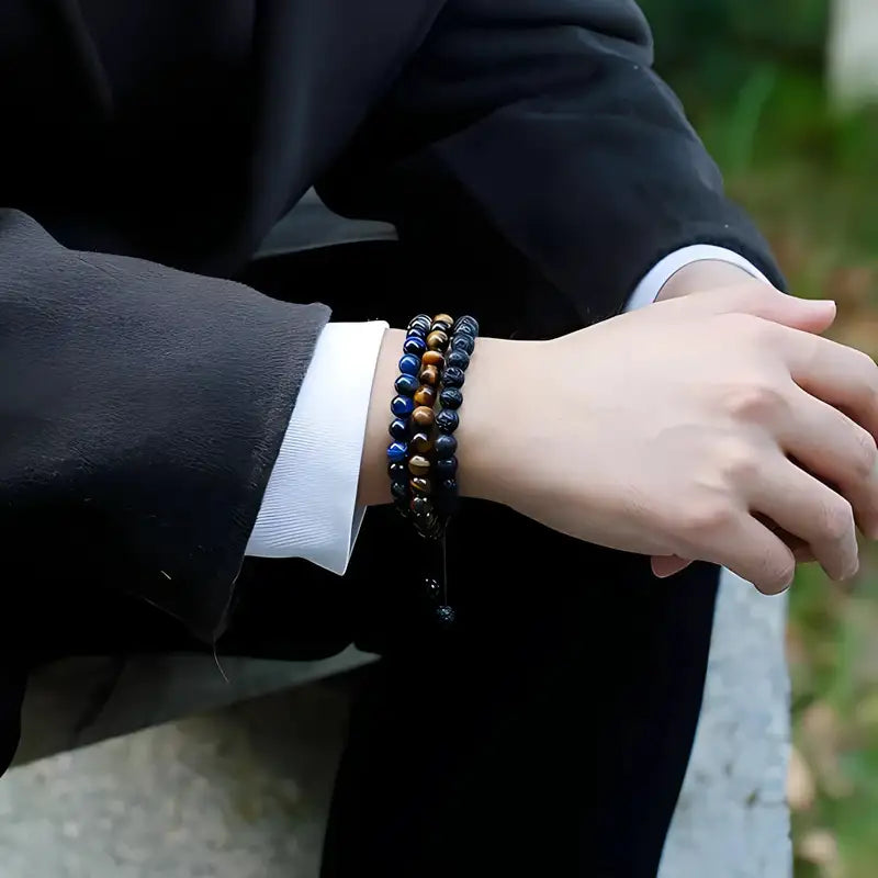 Compass Adjustable Tiger Eye Bracelet set worn stacked on the wrist