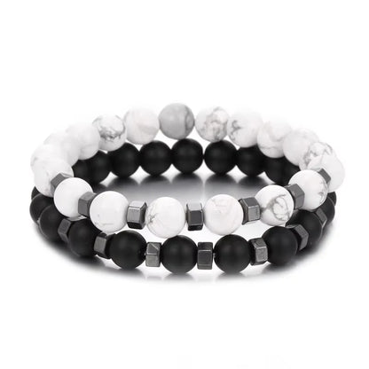 Mens Bracelet Beads – Duality Stacked Bead Bracelet Set, lava rock and matte black onyx beads with silver hematite spacers