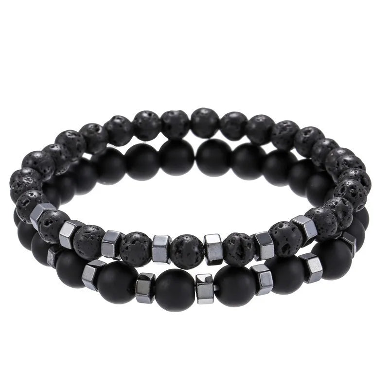 White howlite and matte black onyx bead bracelet set with hematite spacers