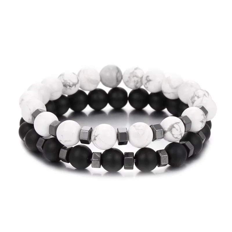 Mens Bracelet Beads – Duality Stacked Bead Bracelet Set, lava rock and matte black onyx beads with silver hematite spacers