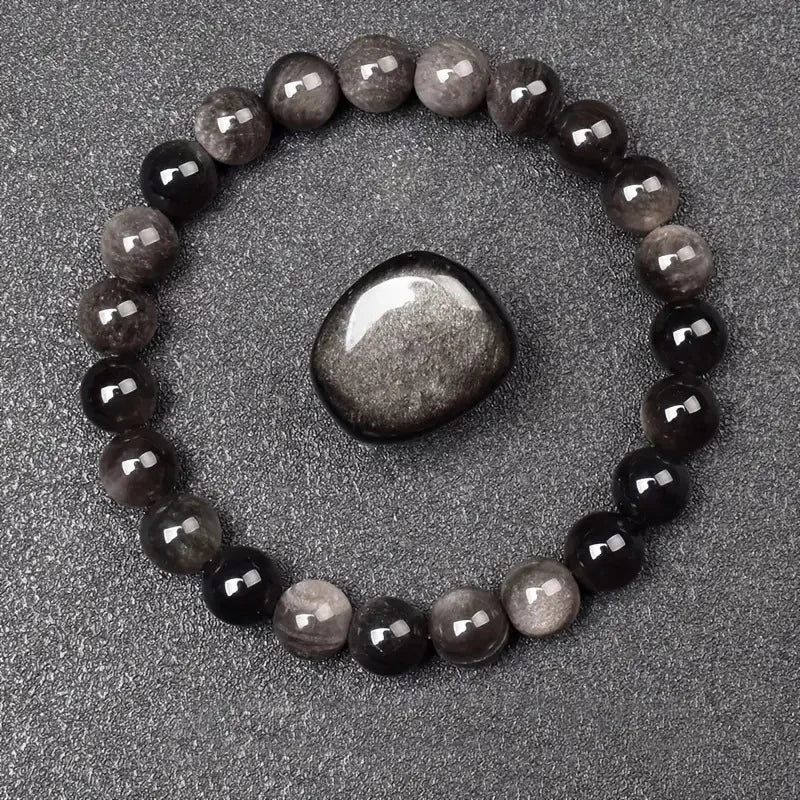Silver obsidian bead bracelet with raw silver obsidian stone