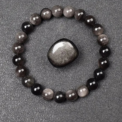 Silver obsidian bead bracelet with raw silver obsidian stone