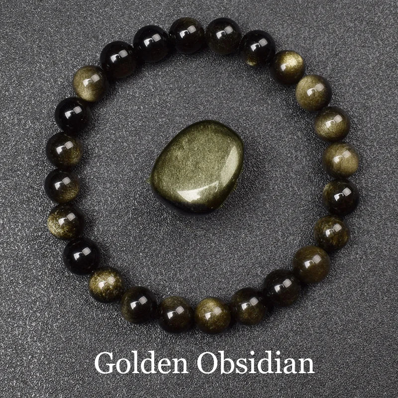 Mens Bracelet Beads – Eclipse Golden Obsidian Bead Bracelet with raw golden obsidian stone