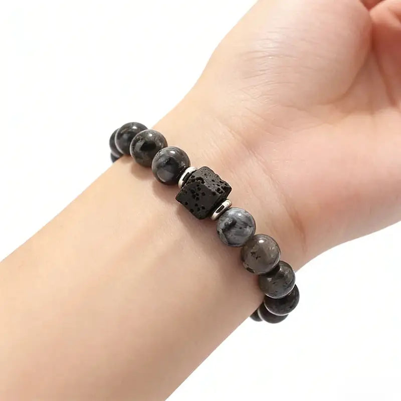 Flash stone bead bracelet with silver spacer cubes, labradorite-style sheen