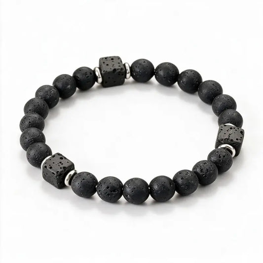 Ember Lava Diffuser Bead Bracelet, lava stone with silver spacer cubes, white background