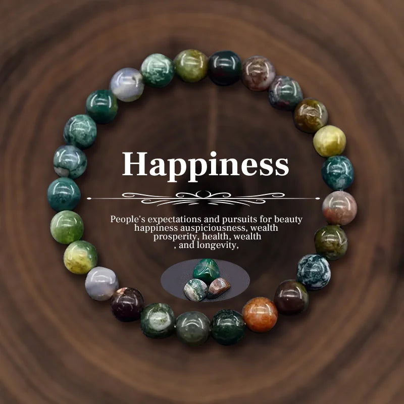 Indian agate bead bracelet, multicolor natural stone meaning card