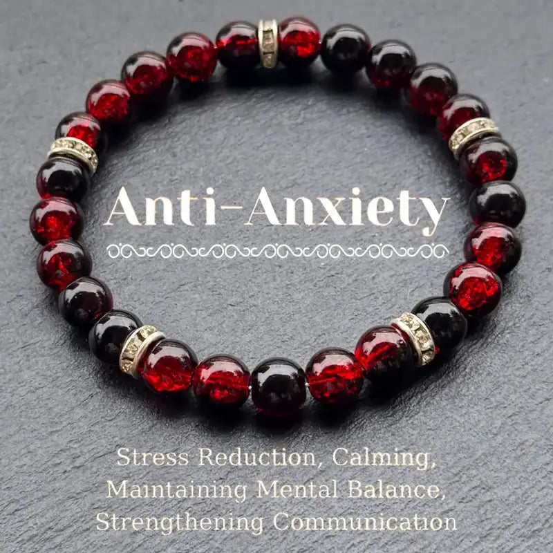 Mens Bracelet Beads – Haven Crackle Glass Bead Bracelet in deep red crackle glass with silver rhinestone spacers