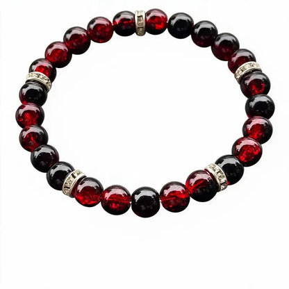 Haven Crackle Glass Bead Bracelet, deep red crackle glass and onyx beads with silver rhinestone spacers, white background