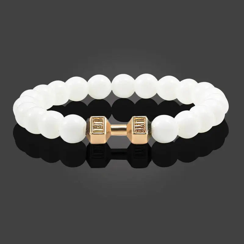 Forge Dumbbell Charm Bead Bracelet in white beads with gold dumbbell charm
