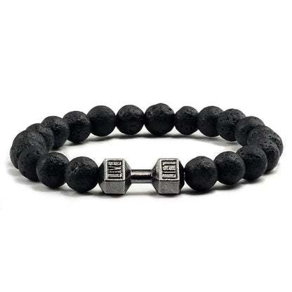 Mens Bracelet Beads – Iron Dumbbell Charm Bead Bracelet in black lava stone with black dumbbell charm