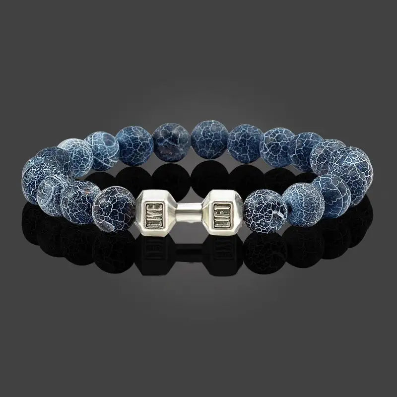 Forge Dumbbell Charm Bead Bracelet in blue crackle stone with silver dumbbell charm