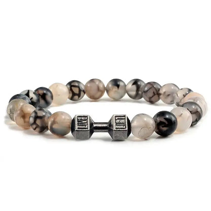 Iron Dumbbell Charm Bead Bracelet in dalmatian pattern stone
