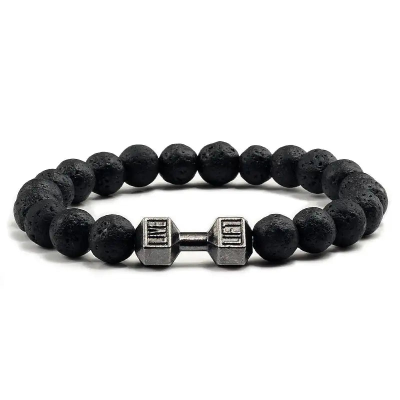 Mens Bracelet Beads – Iron Dumbbell Charm Bead Bracelet in black lava stone with black dumbbell charm