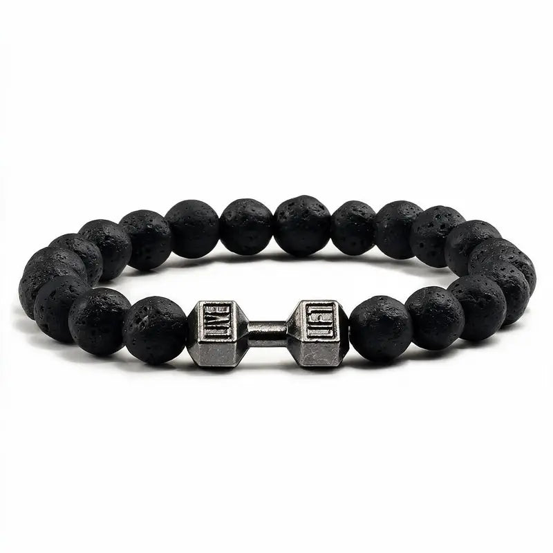 Black lava stone bead bracelet with black dumbbell charm, product photo on white background