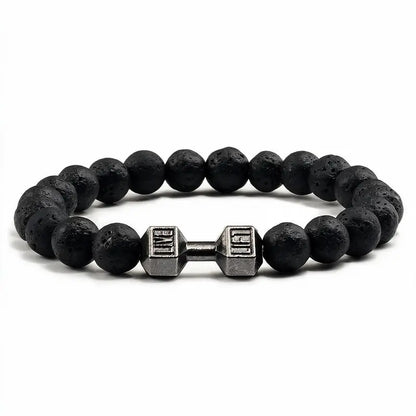 Black lava stone bead bracelet with black dumbbell charm, product photo on white background