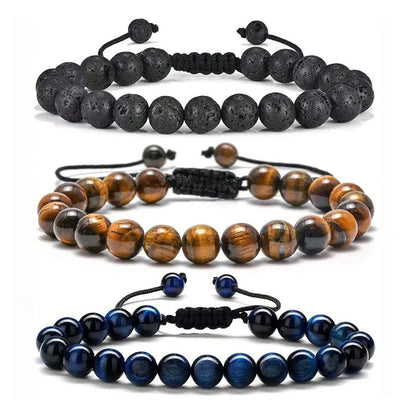 Mens Bracelet Beads – Nomad Adjustable Bead Bracelet in lava stone, tiger eye and blue tiger eye finishes, stacked together