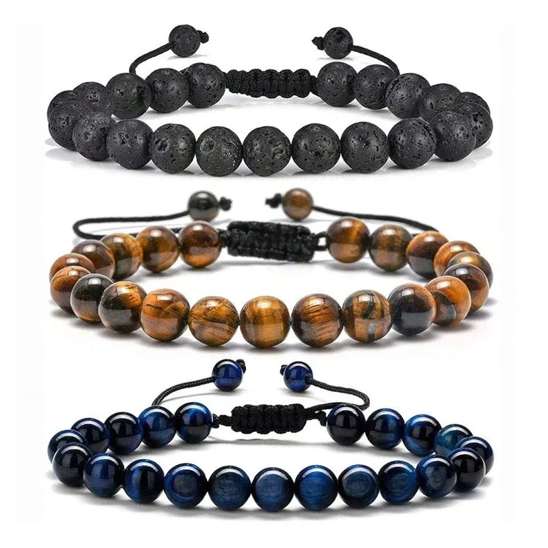 Mens Bracelet Beads – Nomad Adjustable Bead Bracelet in lava stone, tiger eye and blue tiger eye finishes, stacked together