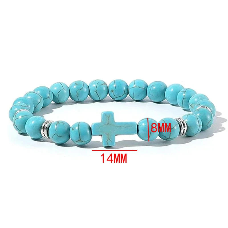 Turquoise cross bead bracelet labeled with 8mm bead size and 14mm cross bead size