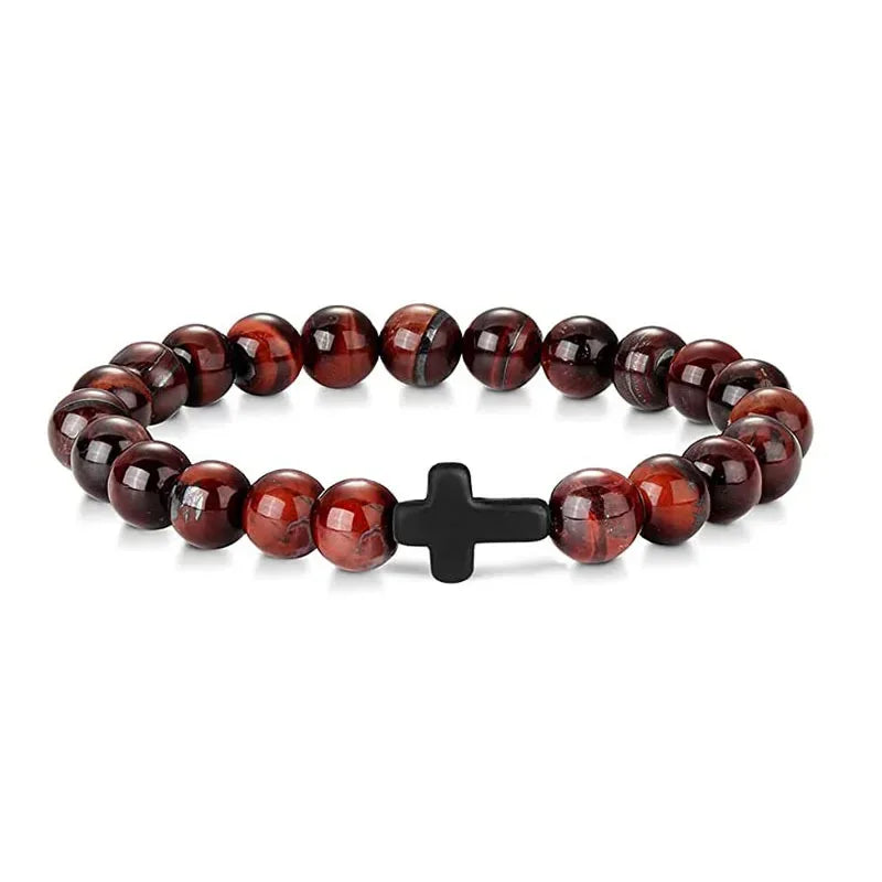Red tiger eye bead bracelet with a small black cross bead and silver spacer beads