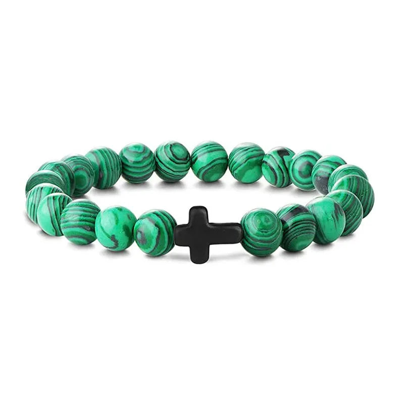 Green malachite bead bracelet with a small black cross bead
