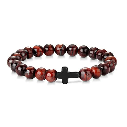 Red tiger eye bead bracelet with a small black cross bead and silver spacer beads