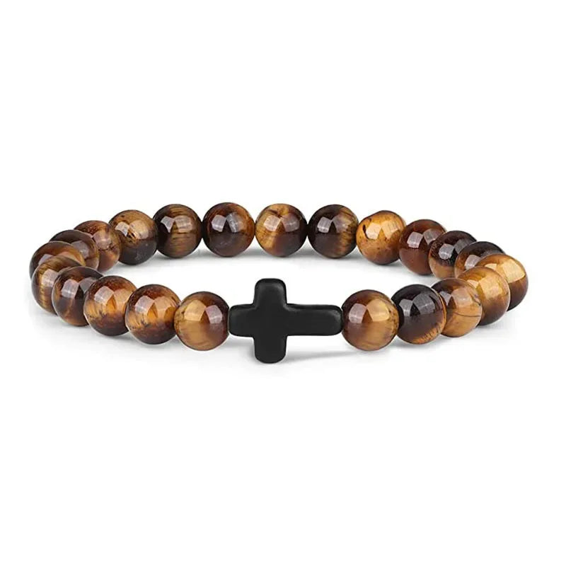 Yellow tiger eye bead bracelet with a small black cross bead