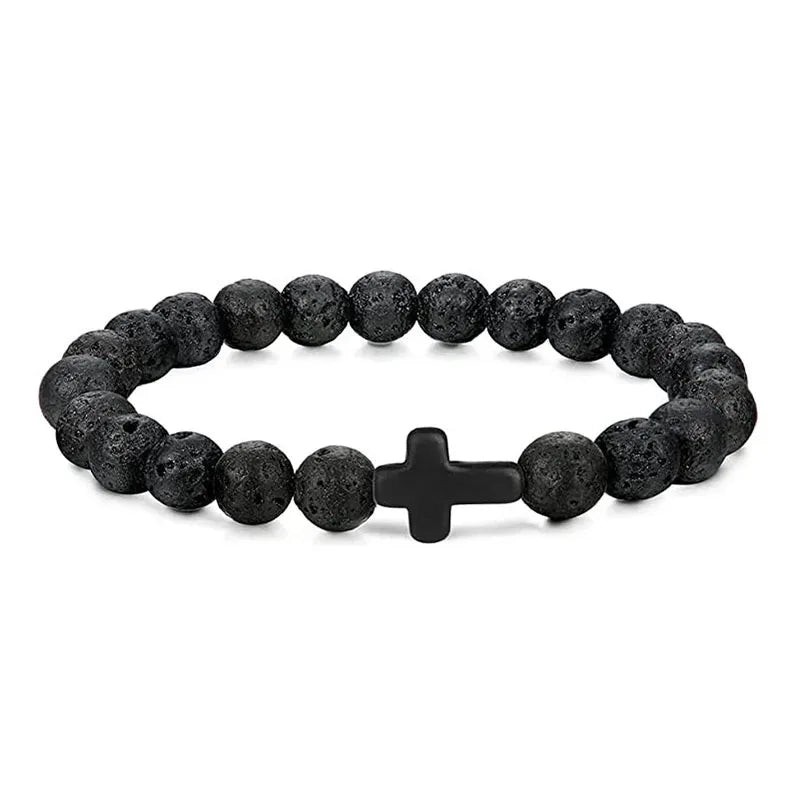 Black lava stone bead bracelet with a matching black cross bead