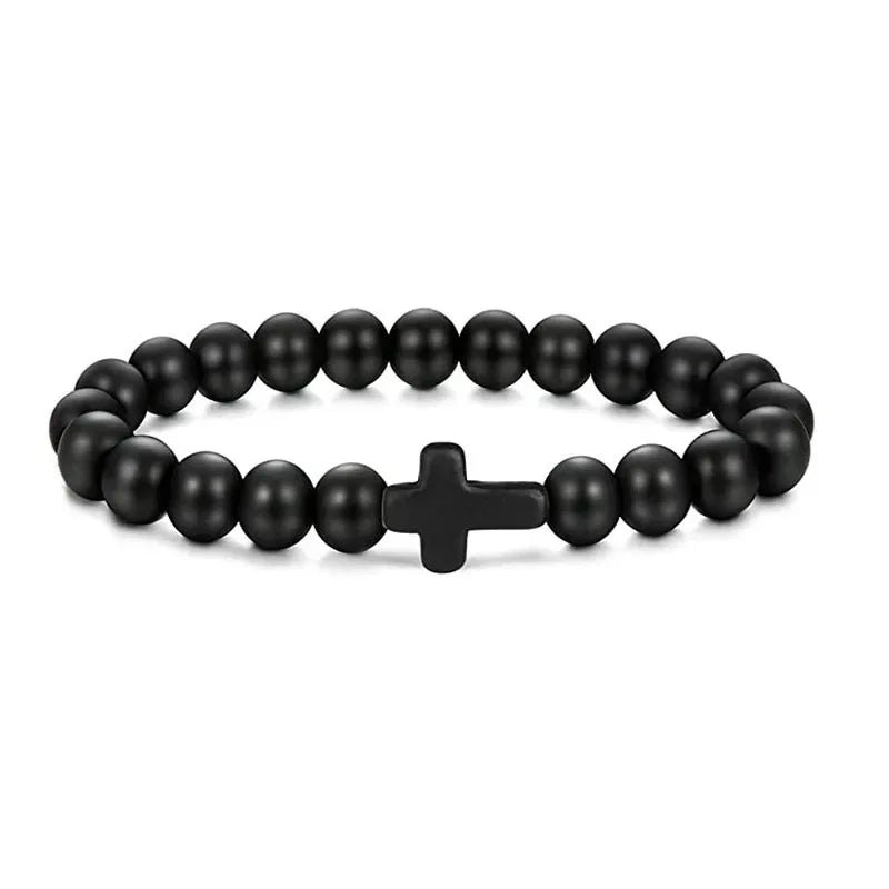 Matte black onyx bead bracelet with a matching matte black cross bead