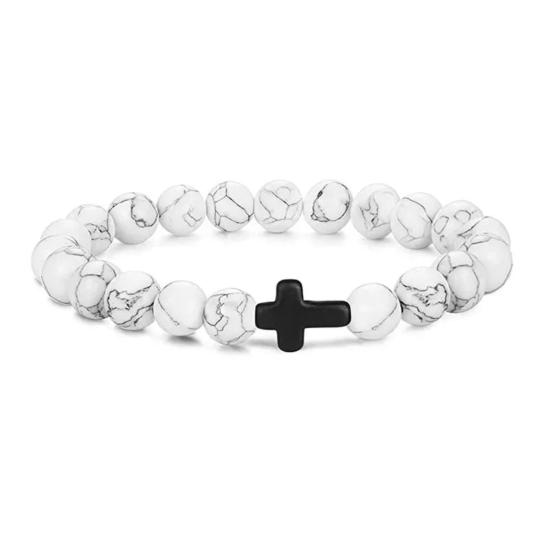 White howlite bead bracelet with a matching black cross bead