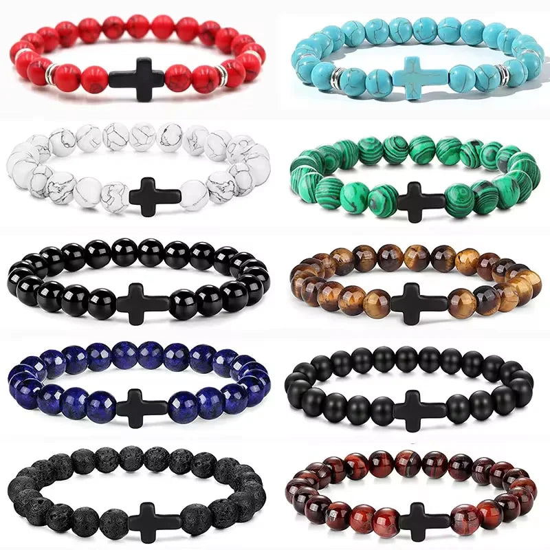 Grid of 11 natural stone cross bead bracelets in different colors: tiger eye, malachite, lapis, turquoise, onyx, howlite, and lava stone