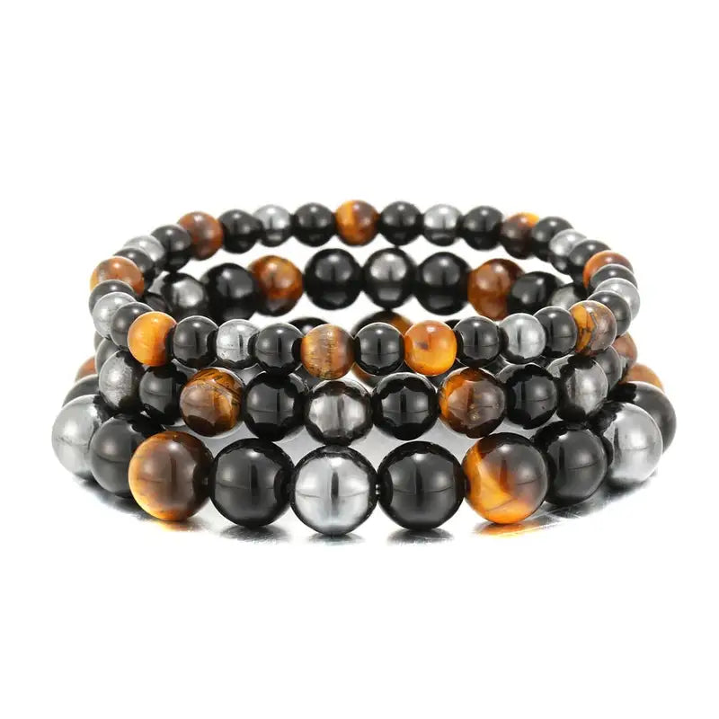 Tiger eye, black obsidian and hematite bead bracelet, clean studio shot