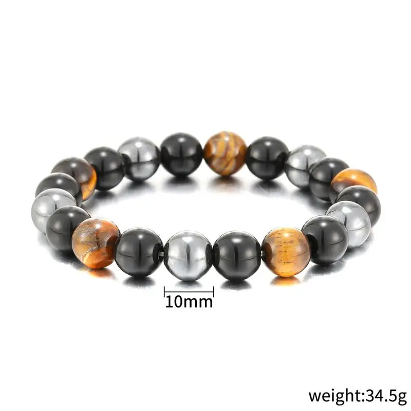 Triad Protection bracelet in 10mm beads, tiger eye and hematite detail