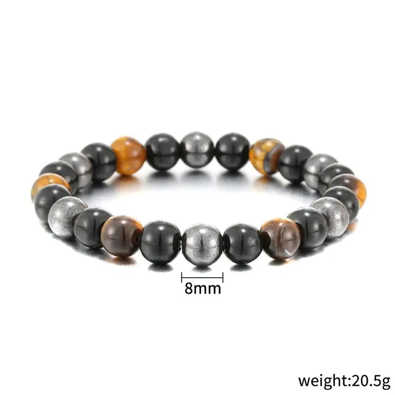 Triad Protection bracelet in 8mm beads, tiger eye and hematite detail
