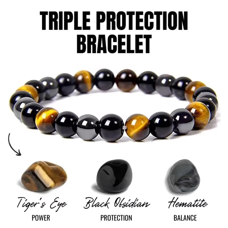 Mens Bracelet Beads – Triad Protection Bead Bracelet, tiger eye, black obsidian and hematite stone guide