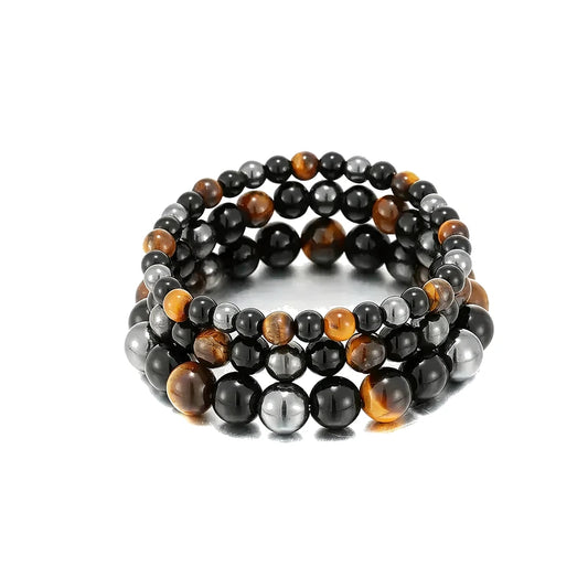Three stacked bead bracelets combining tiger eye, black obsidian, and hematite beads, on a white background.
