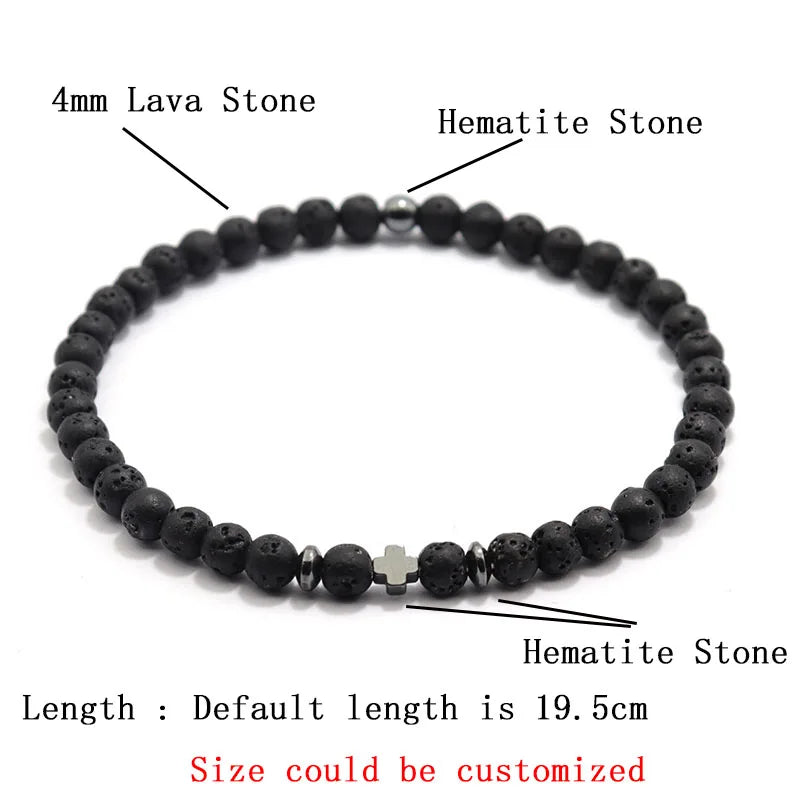 Vow Rice Bead Cross Bracelet in lava stone, 4mm bead and hematite spacer detail