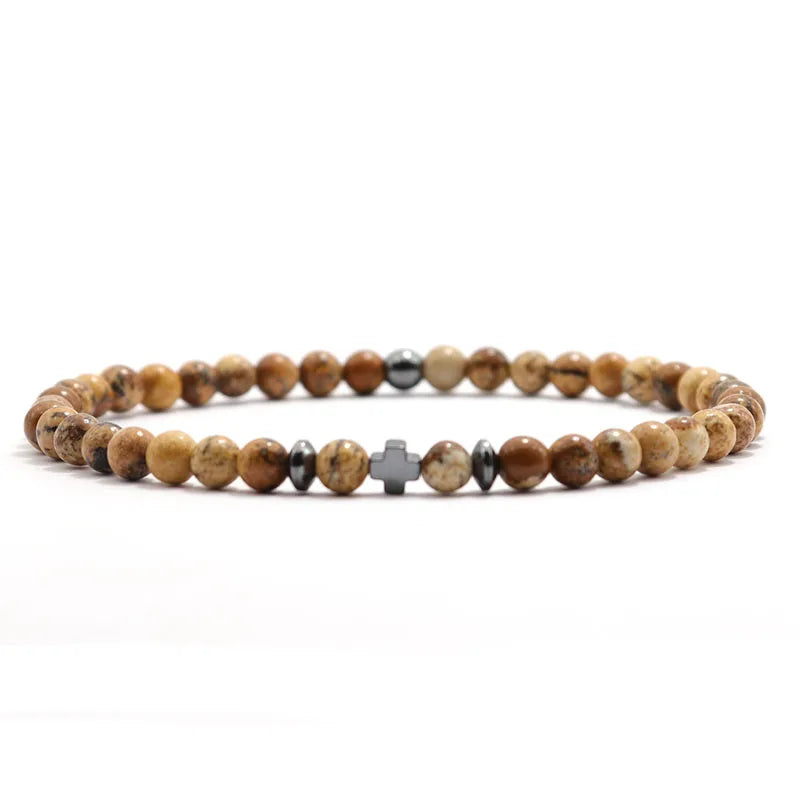 Vow Rice Bead Cross Bracelet in fossil stone