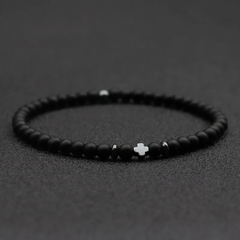 Mens Bracelet Beads – Vow Rice Bead Cross Bracelet in onyx stone with hematite spacers and cross accent