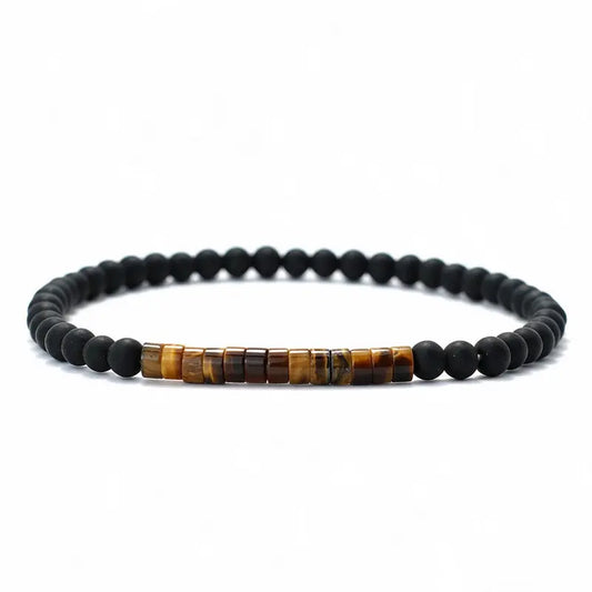 Zen Minimalist Accent Bead Bracelet, tiger eye and matte onyx beads, white background