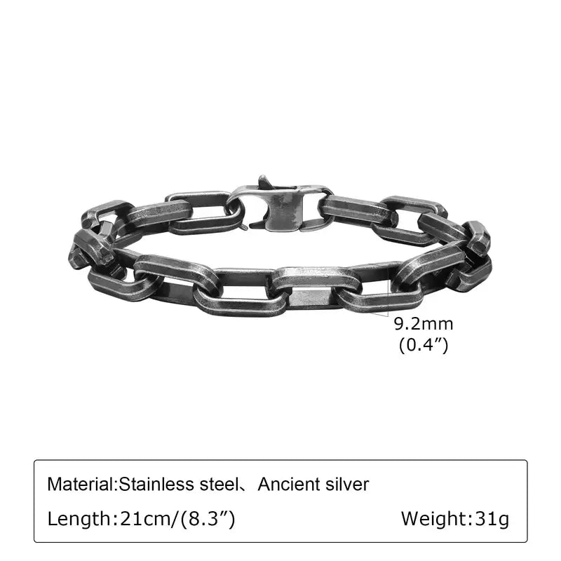 9.2mm oxidized stainless steel paperclip chain bracelet with bold rectangular links, 21cm