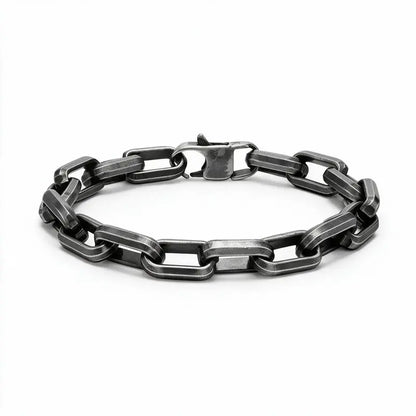 9.2mm oxidized stainless steel paperclip chain bracelet with bold rectangular links, product photo on white background