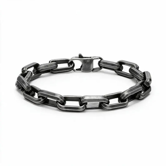 9.2mm oxidized stainless steel paperclip chain bracelet with bold rectangular links, product photo on white background