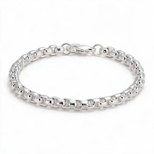 925 sterling silver smooth rounded box-link rolo chain bracelet, product photo on white background