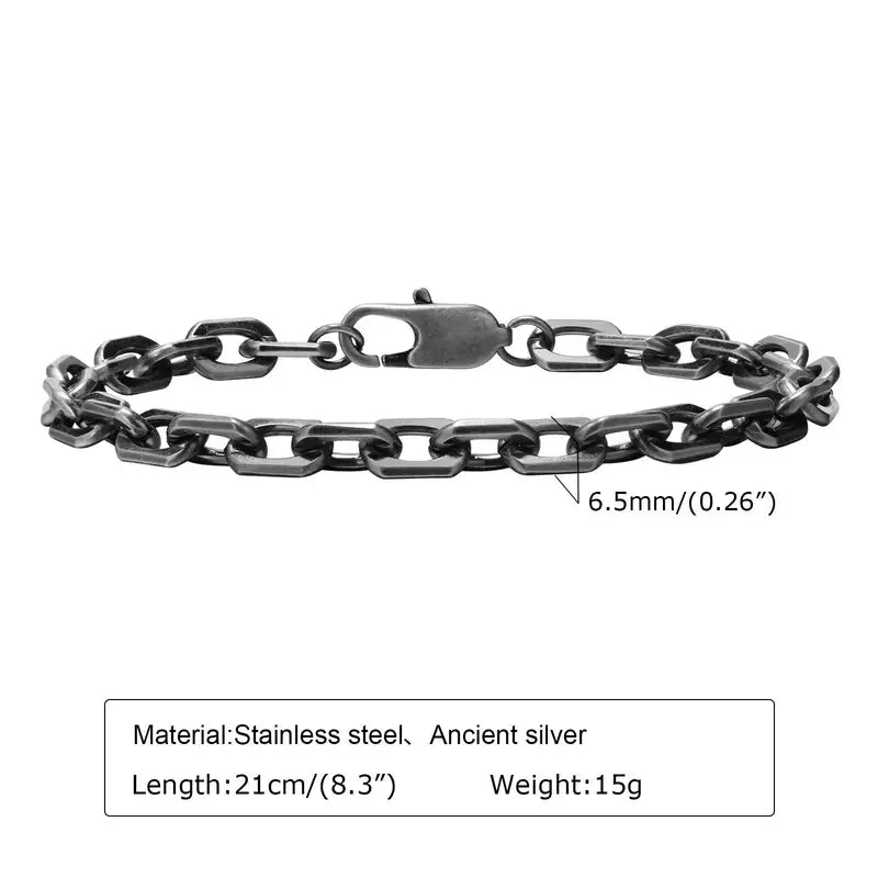 6.5mm oxidized stainless steel oval cable-link box chain bracelet, 21cm