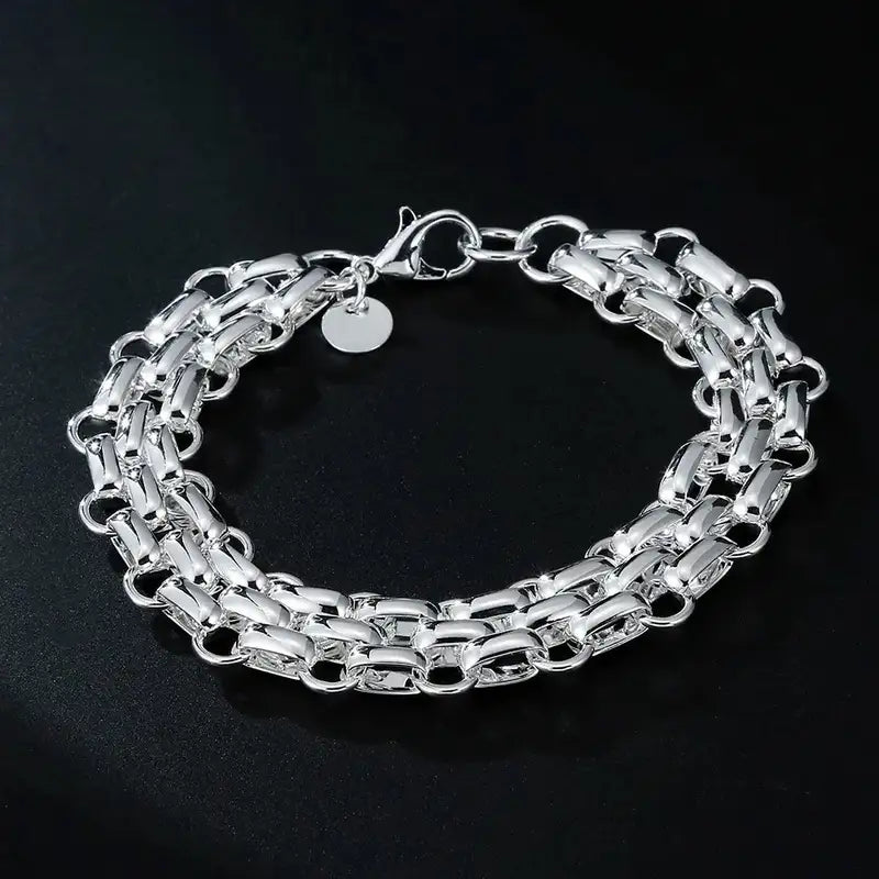925 sterling silver chunky woven box-link chain bracelet with a round tag