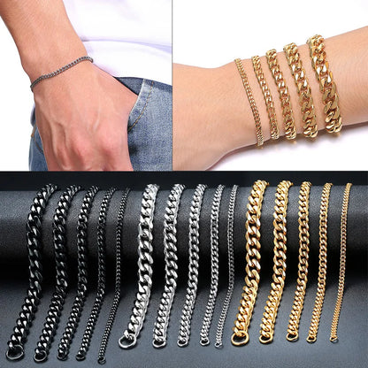Black, silver and gold Cuban link chain bracelets in five widths, worn on the wrist and laid out on a leather surface